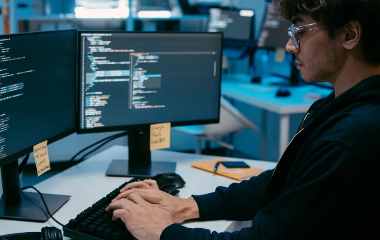 Programmatore di fronte a monitor con codice
